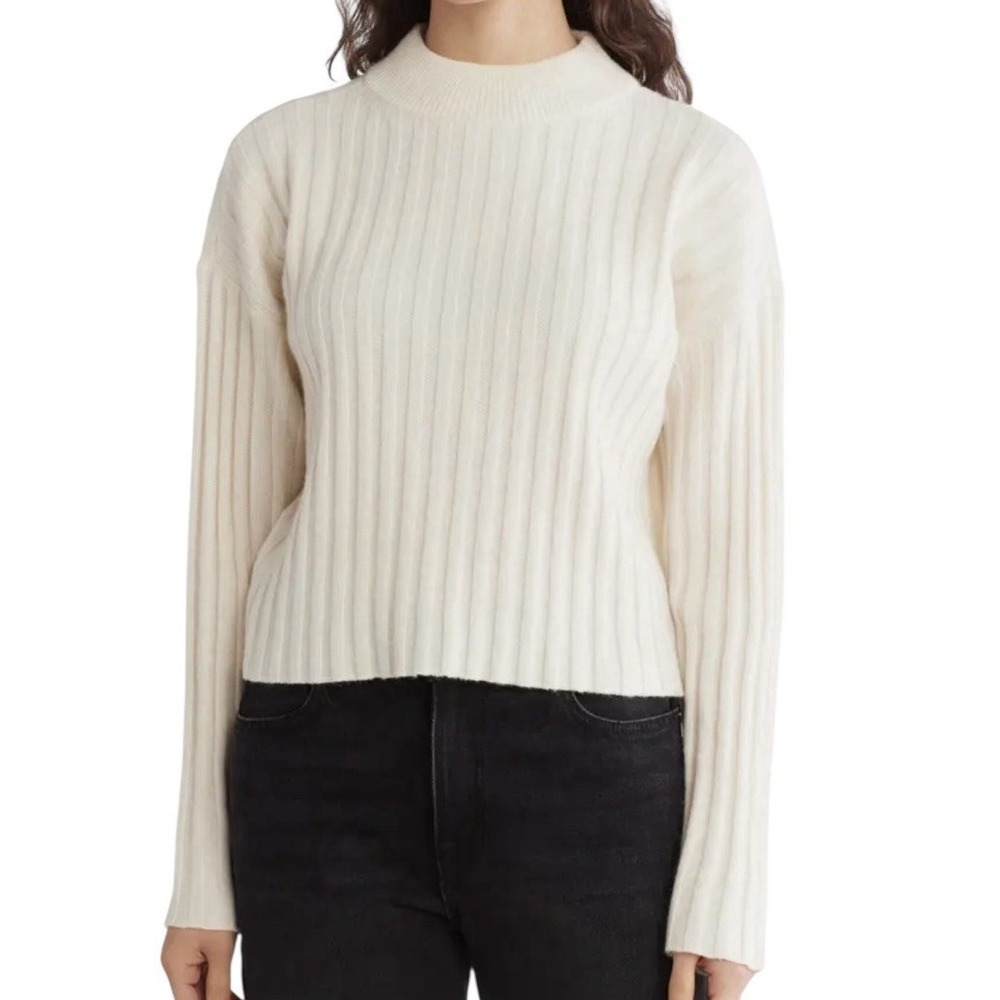 Madewell Sweater Top Womens XS Beige Mockneck Crop Wool Blend Minimalist‎ Cozy